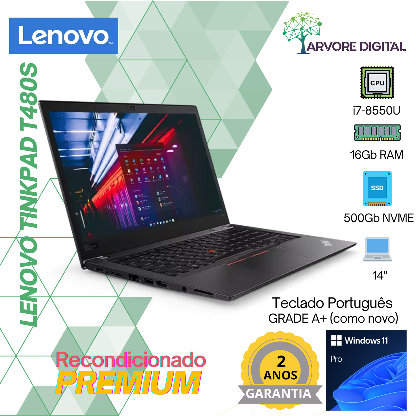 Lenovo ThinkPad T480s | i7-8550U | 16Gb | 500Gb NVME | 14'' | Teclado PT | W11 Pro | GRADE A+
