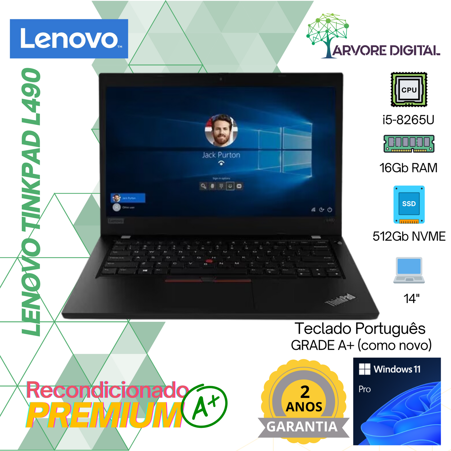 Lenovo ThinkPad L490 | i5-8350U | 16Gb | 512Gb NVME | 14'' | Teclado PT | W11 Pro | GRADE A+