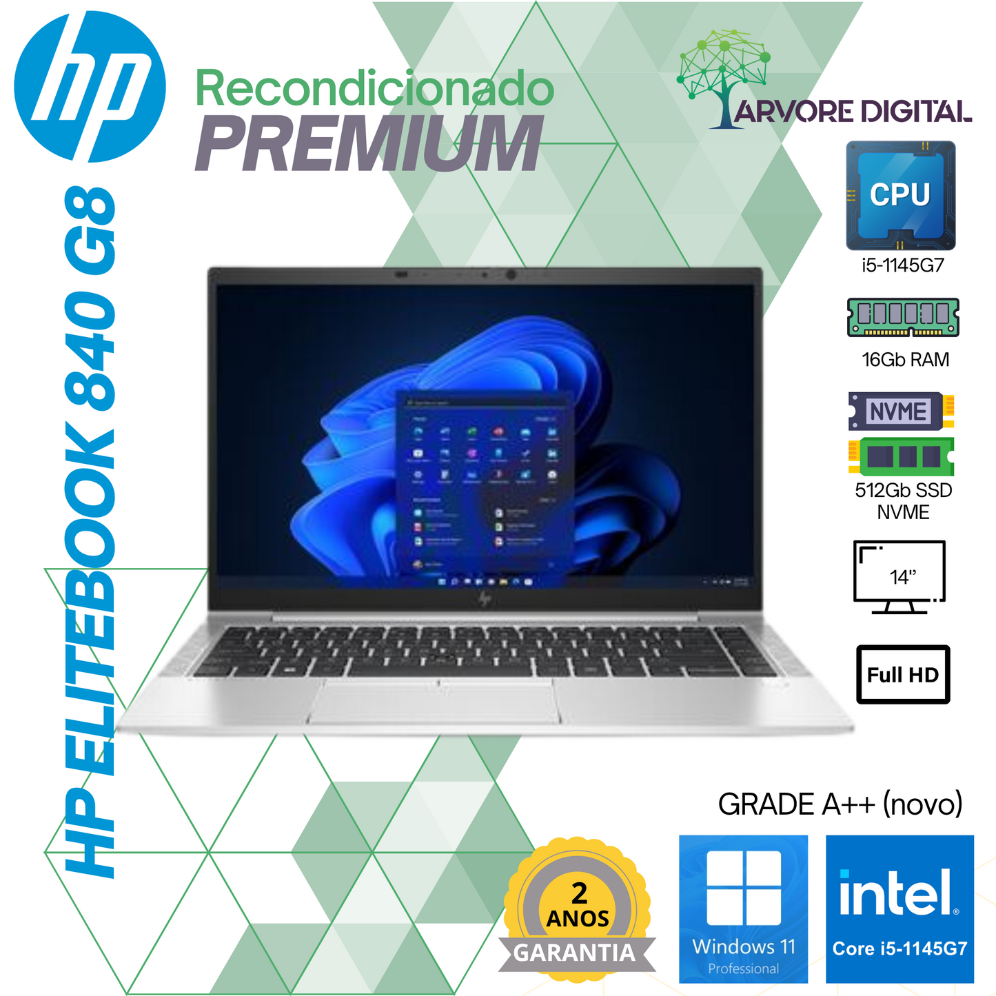 HP Elitebook 840G8 | i5-1145G7 | 16Gb | 512Gb NVME | 14'' | W11Pro | GRADEA++ (novo)