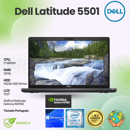 Dell Latitude 5501 |  i7-9850H | 32GB | 512Gb SSD | 15,6'' | Geforce MX150 | Teclado PT | W11Pro