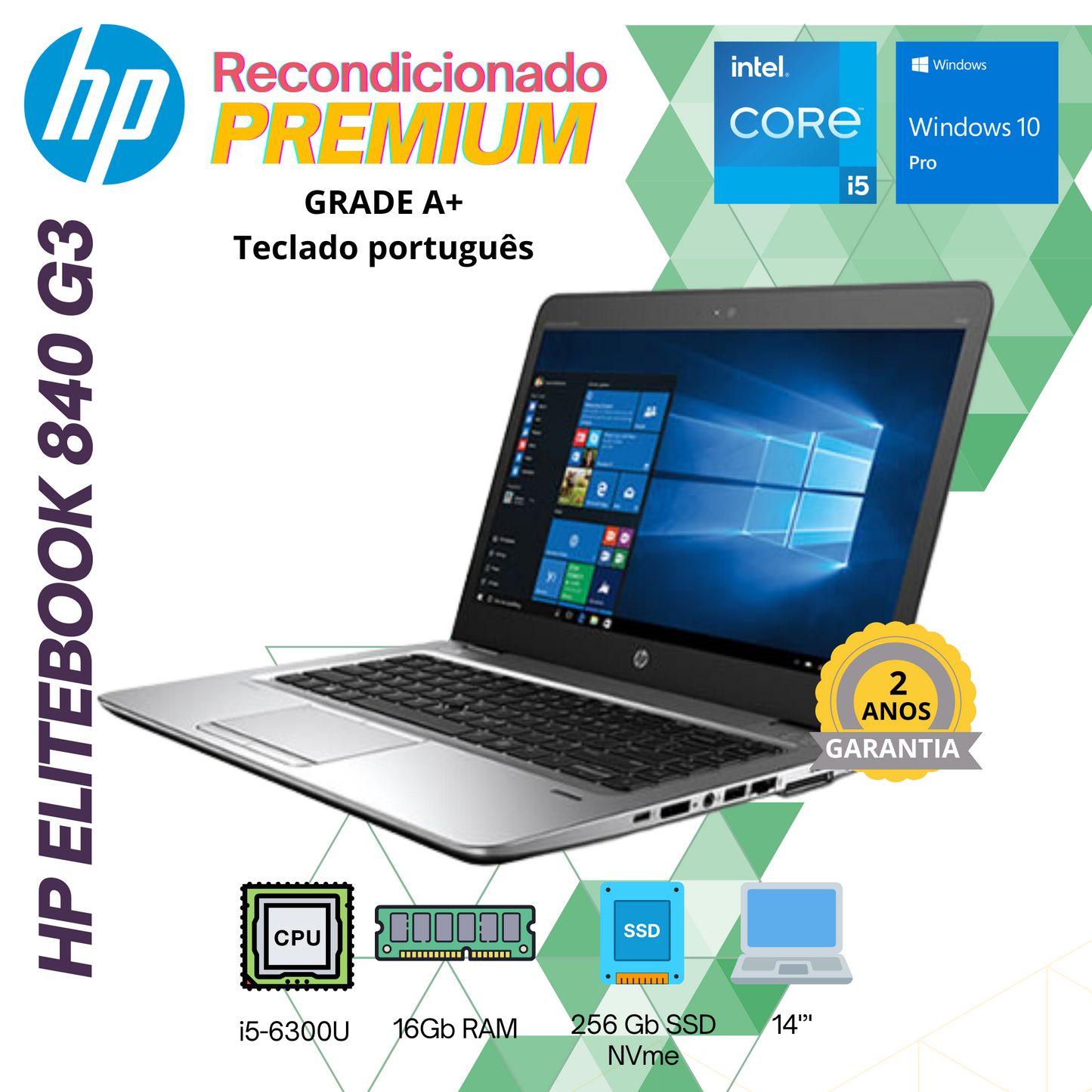 HP Elitebook 840 G3 | i5-6300U | 16Gb | 256Gb SSD | 14" | W10Pro | Teclado PT | GRADE A+