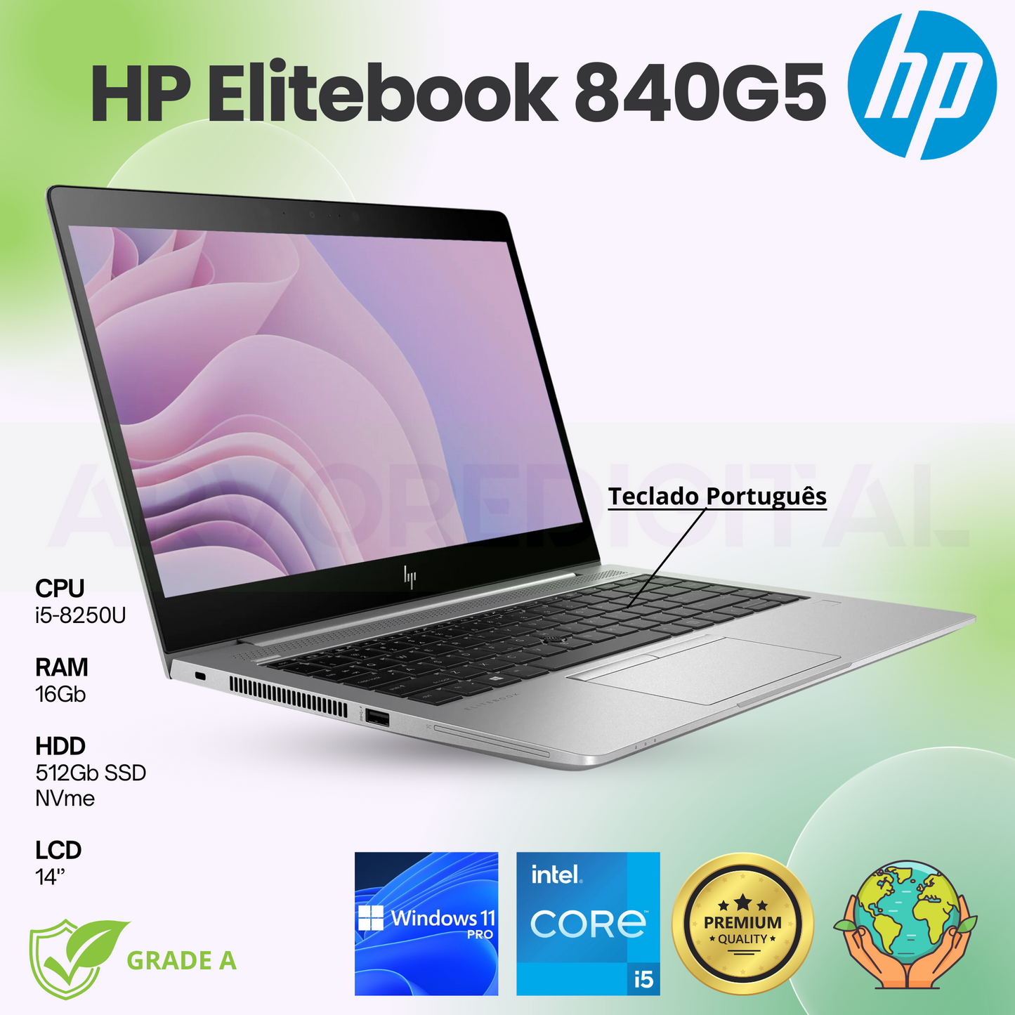 HP Elitebook 840 G5 | i5-8250U | 16Gb | 512Gb NVMe | 14'' |  Teclado PT | Windows 11 Pro | GRADE A