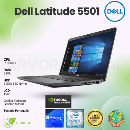 Dell Latitude 5501 |  i7-9850H | 32GB | 512Gb SSD | 15,6'' | Geforce MX150 | Teclado PT | W11Pro