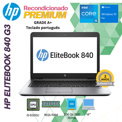 HP Elitebook 840 G3 | i5-6300U | 16Gb | 256Gb SSD | 14" | W10Pro | Teclado PT | GRADE A+