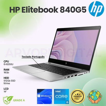 HP Elitebook 840 G5 | i5-8250U | 16Gb | 512Gb NVMe | 14'' |  Teclado PT | Windows 11 Pro | GRADE A