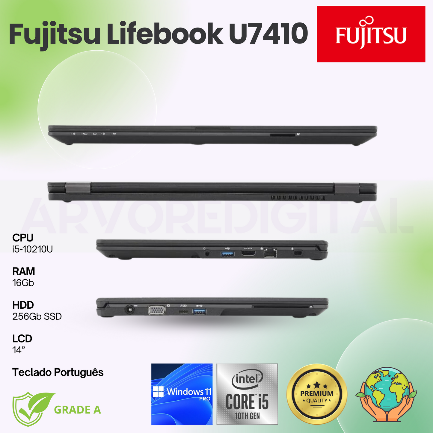 Fujitsu Lifebook U7410 | i5-10210U | 16GB | 256Gb SSD | 14'' | Teclado Português | Windows 11 Pro