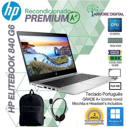 HP Elitebook 840G6 | i5-8365U | 16Gb | 512Gb NVME | 14'' | Teclado PT | W11Pro | Mochila + Headset | GRADEA+